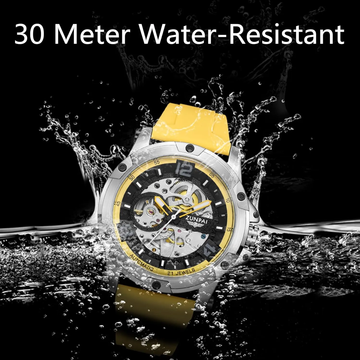 Self-Winding,46mm Large Dial Mens Watch landscape exert serrate gush extract solid Sport Rubber Band Silicone Strap Waterproof ZUNPAI Automatic Watches for Men Mechanical Movement Transparent Skeleton Tourbillon 