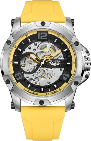 Self-Winding,46mm Large Dial Mens Watch landscape exert serrate gush extract solid Sport Rubber Band Silicone Strap Waterproof ZUNPAI Automatic Watches for Men Mechanical Movement Transparent Skeleton Tourbillon 