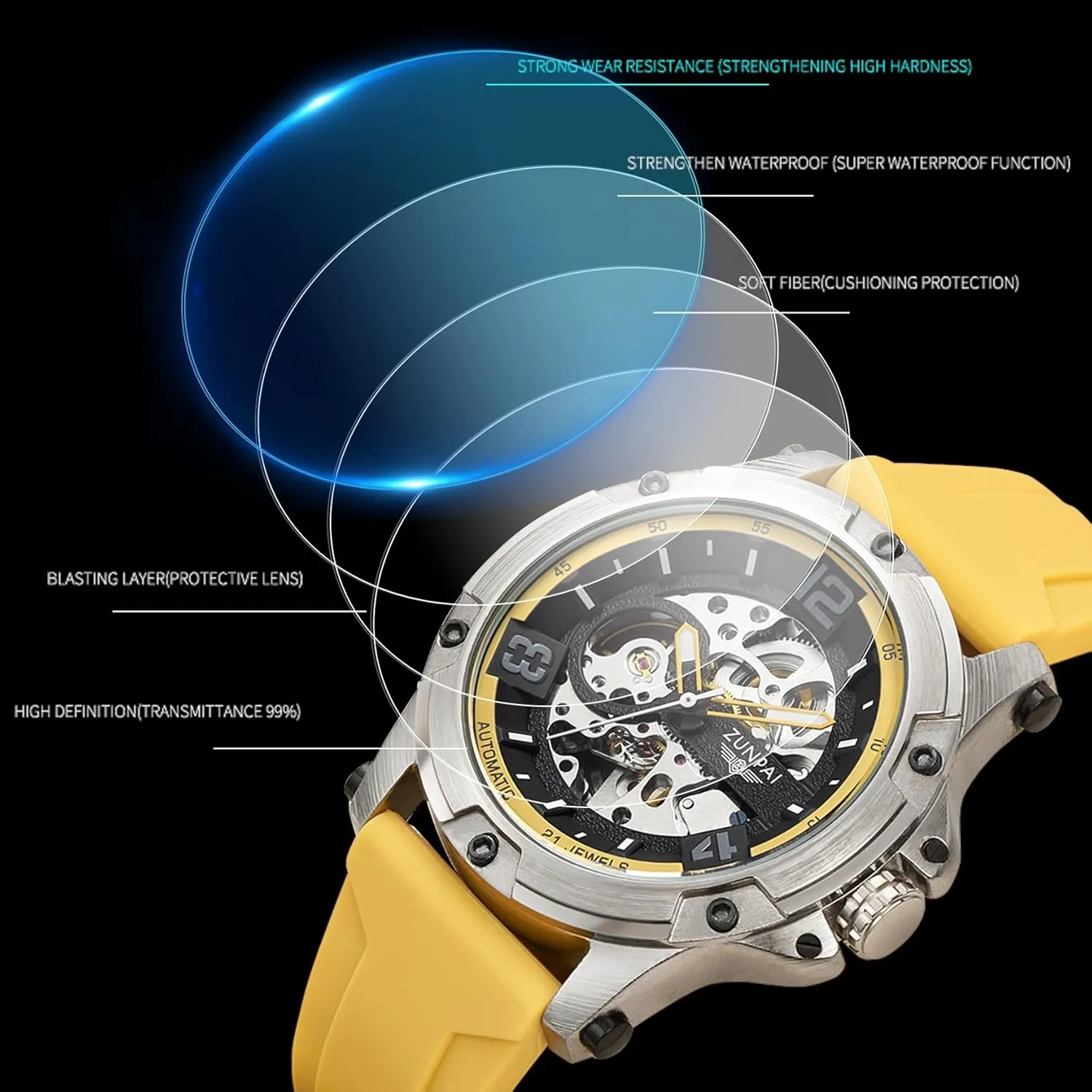 Self-Winding,46mm Large Dial Mens Watch landscape exert serrate gush extract solid Sport Rubber Band Silicone Strap Waterproof ZUNPAI Automatic Watches for Men Mechanical Movement Transparent Skeleton Tourbillon 