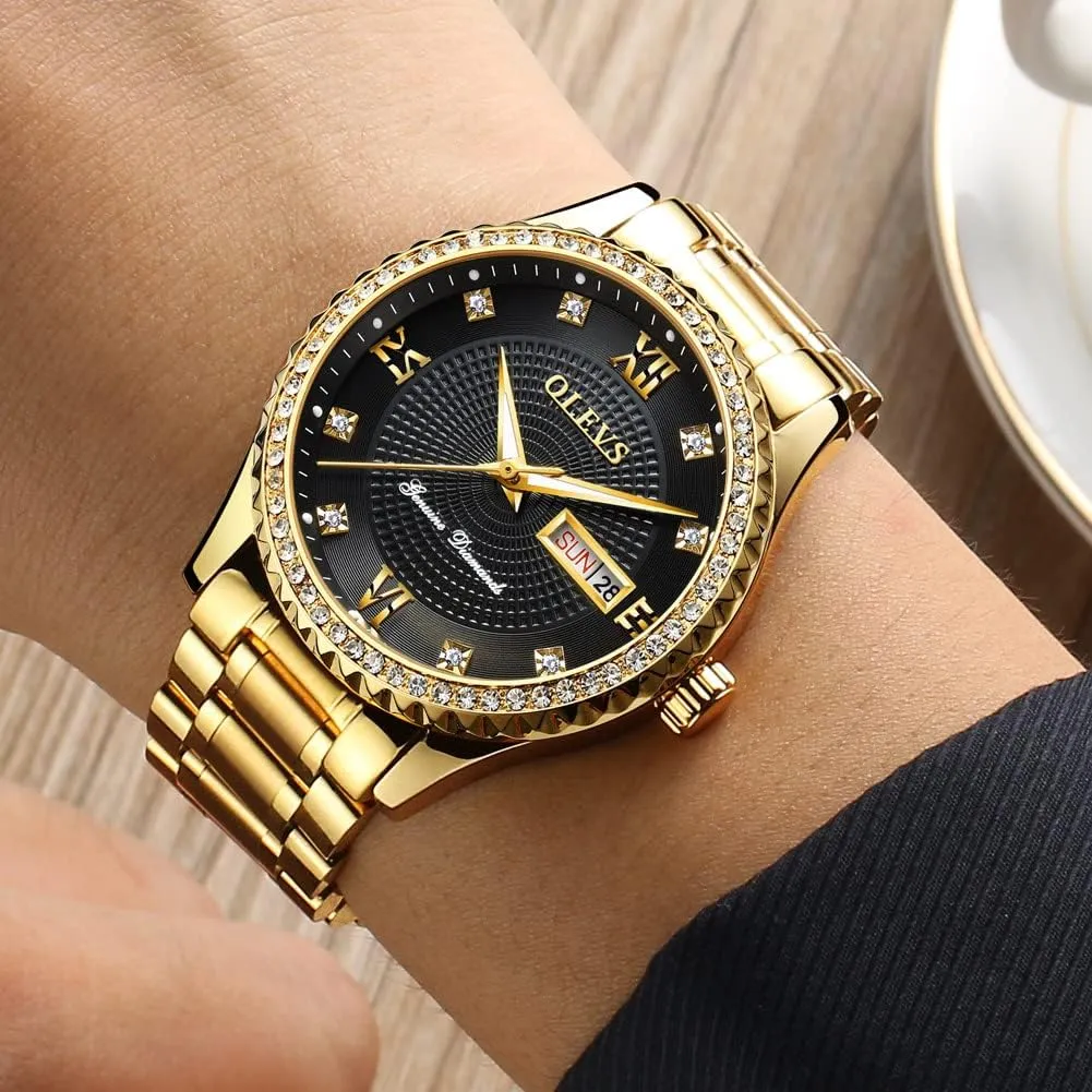 senator favor Quartz Analog Watches with Day Date Calendar and Stainless Steel Band OLEVS Diamond Watches for Men,Business Dress Watch Waterproof Luminous,Male Golden Big Dial Luxury Casual 