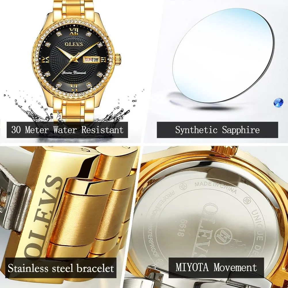 senator favor Quartz Analog Watches with Day Date Calendar and Stainless Steel Band OLEVS Diamond Watches for Men,Business Dress Watch Waterproof Luminous,Male Golden Big Dial Luxury Casual 