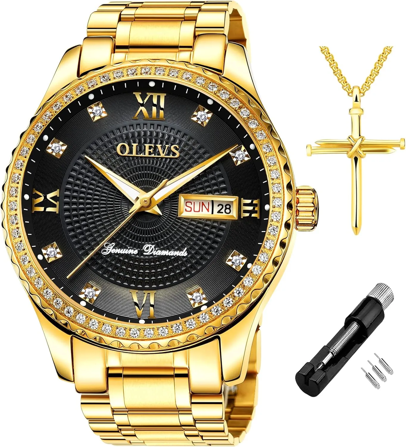 senator favor Quartz Analog Watches with Day Date Calendar and Stainless Steel Band OLEVS Diamond Watches for Men,Business Dress Watch Waterproof Luminous,Male Golden Big Dial Luxury Casual 