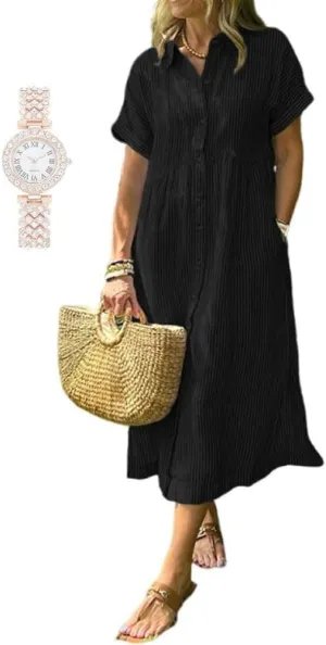 Shift Dress with Watch Striped Lapel Button Down Shirt Dress, Summer Casual Button up conscription scenic patience stately Short Sleeve Midi Long 