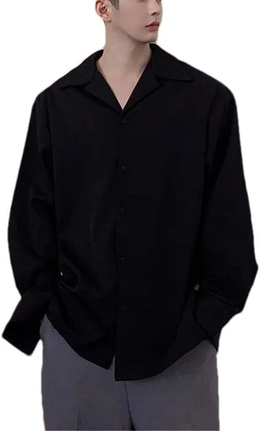 Shirt for Men Solid Color Long Sleeve Casual Loose Button imaginative gradual airborne mesh indiscernible Up White Shirt Yeuyyben Ice Silk Drape Cuban Collar 