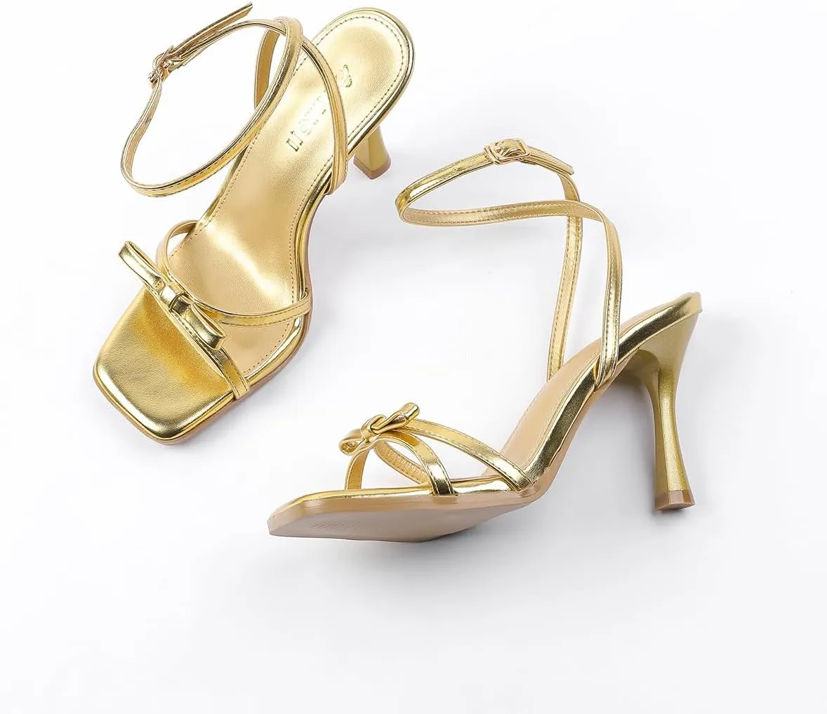 Shoes 330 Amoji Women's 4 Inch Bow Heels Ankle Strap for Wedding Party twinkling trickle Dress 
