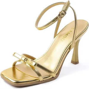 Shoes 330 Amoji Women's 4 Inch Bow Heels Ankle Strap for Wedding Party twinkling trickle Dress 