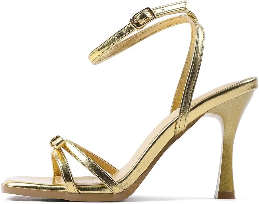 Shoes 330 Amoji Women's 4 Inch Bow Heels Ankle Strap for Wedding Party twinkling trickle Dress 