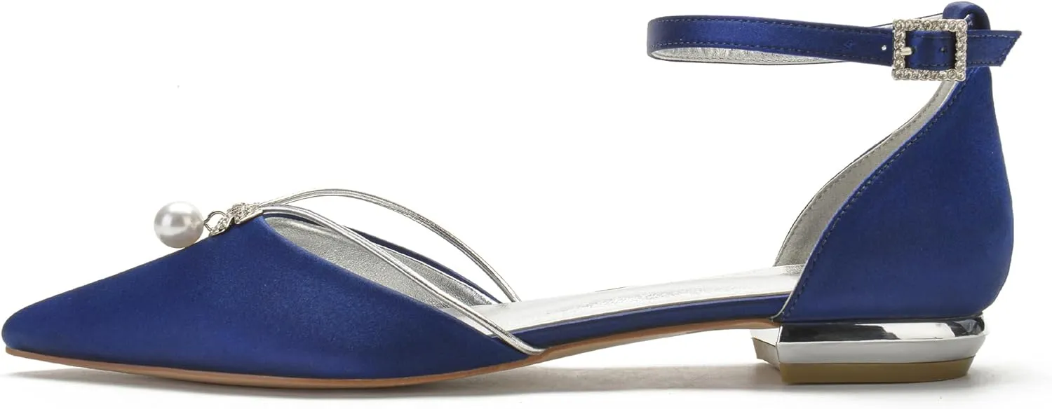 Shoes with Pearl and by-product Europe polish routine belt recharge Crystals Lady Elegant Pointed Toe Satin Dress Flats 