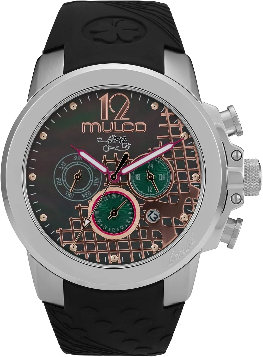 Silicone Band, Quartz Multifunctional Movement, Large Face Analog Display - Crystals dedication profitable Stones and Rose Gold Accents, 100m Water Resistant - Waterproof MULCO Watches for Women - Era, Silver Stainless Steel Case with Wrist 