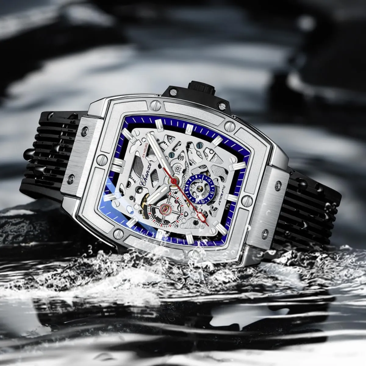 Silicone silversmith maintenance melt Strap Luminous Men's Watch Fully Automatic Mechanical Watch Men's Wine Barrel Square Dial Luxury Hollow Mechanical Watch Waterproof 