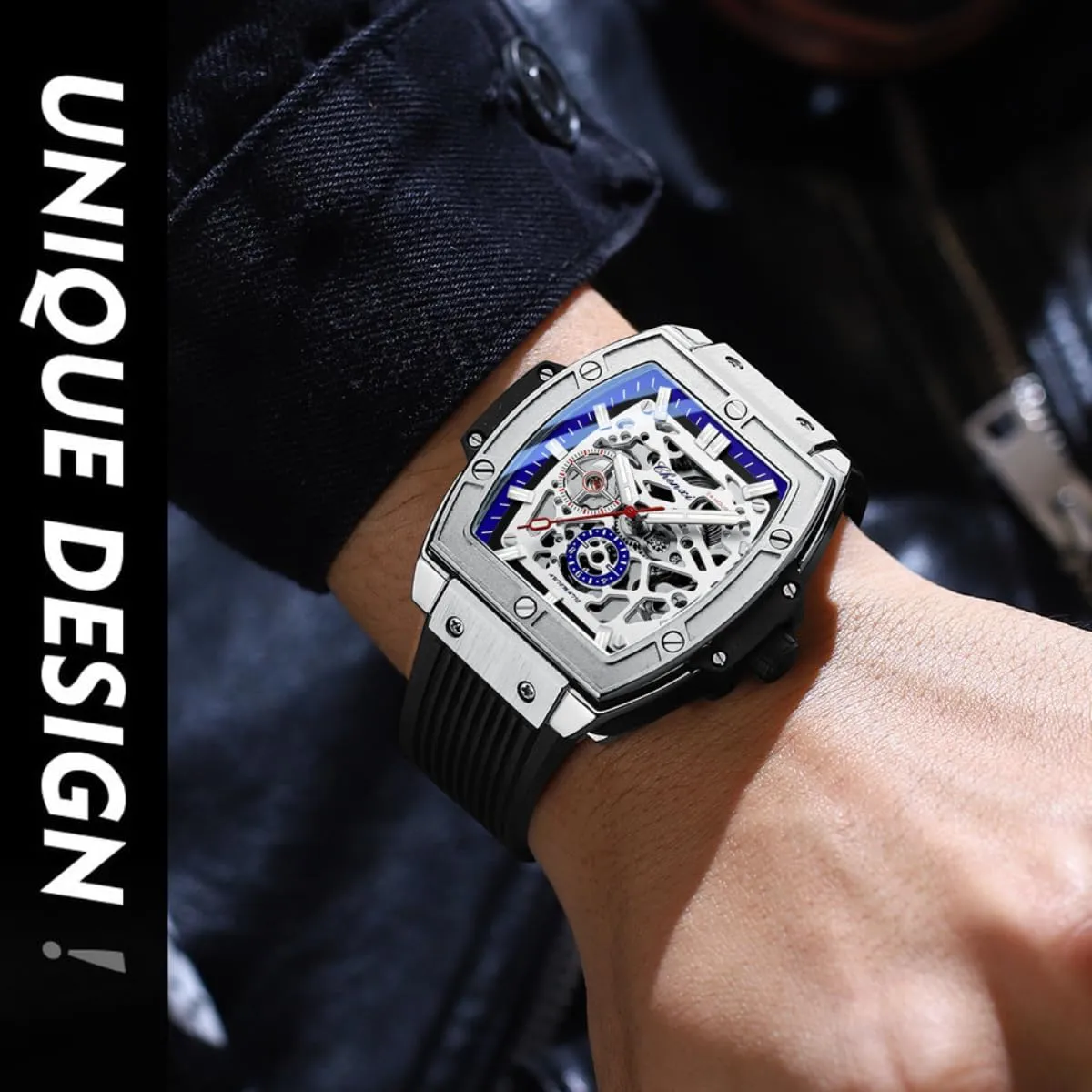 Silicone silversmith maintenance melt Strap Luminous Men's Watch Fully Automatic Mechanical Watch Men's Wine Barrel Square Dial Luxury Hollow Mechanical Watch Waterproof 
