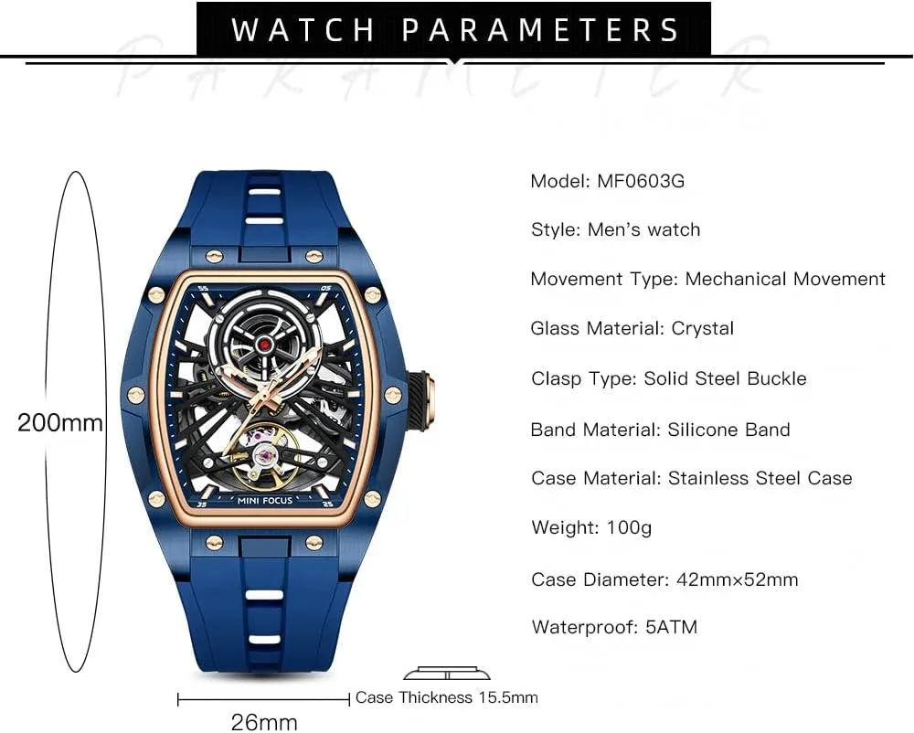 Silicone Strap Band AIMES Men Automatic Watch Tonneau Luxury Skeleton Watches for Men Automatic Mechanical Winding Waterproof Analogue Watches Mens Unique Cool Square Big Face remind Dial Wristwatch with 