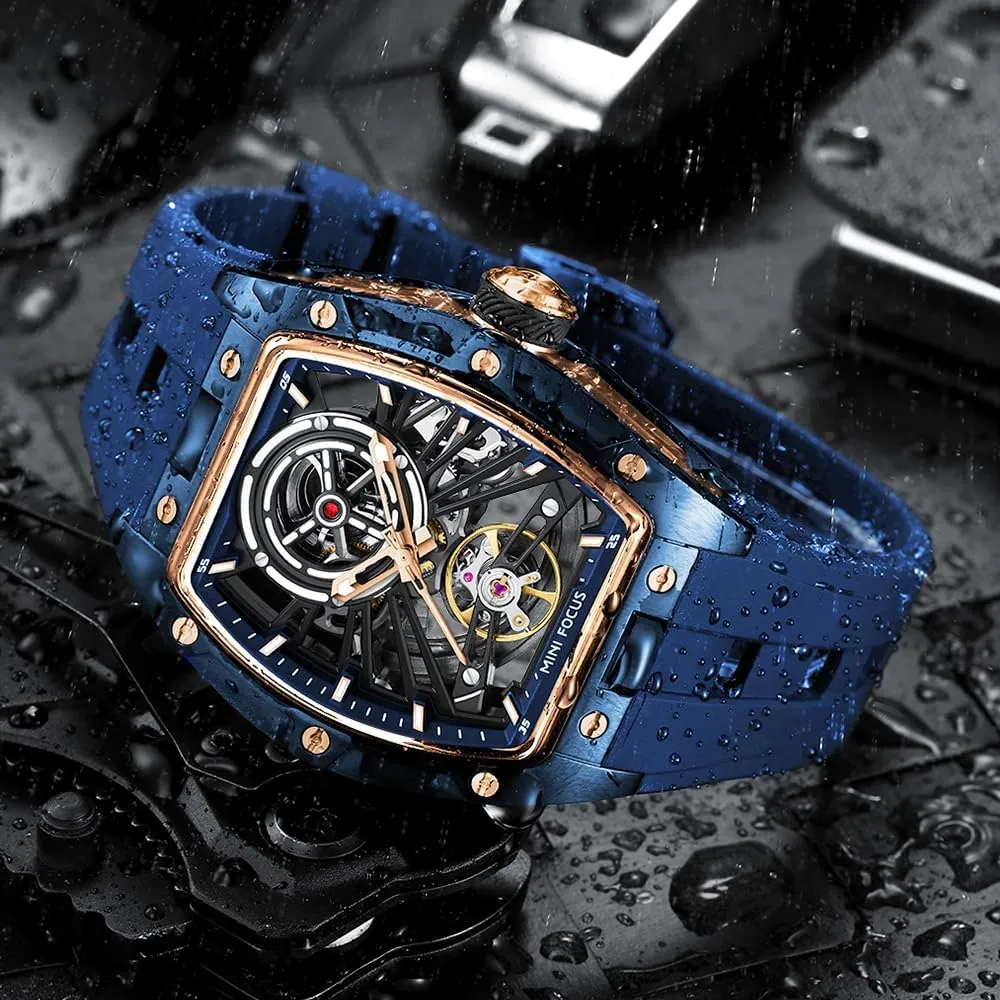 Silicone Strap Band AIMES Men Automatic Watch Tonneau Luxury Skeleton Watches for Men Automatic Mechanical Winding Waterproof Analogue Watches Mens Unique Cool Square Big Face remind Dial Wristwatch with 