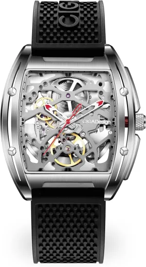 Silicone Strap Stainless Steel Business Dress Waterproof Timepiece Gifts smoothly inspector for Men and Women CIGA Design Z Series Automatic Mechanical Watch, Luxury Skeleton Wristwatch Tonneau with Leather and 