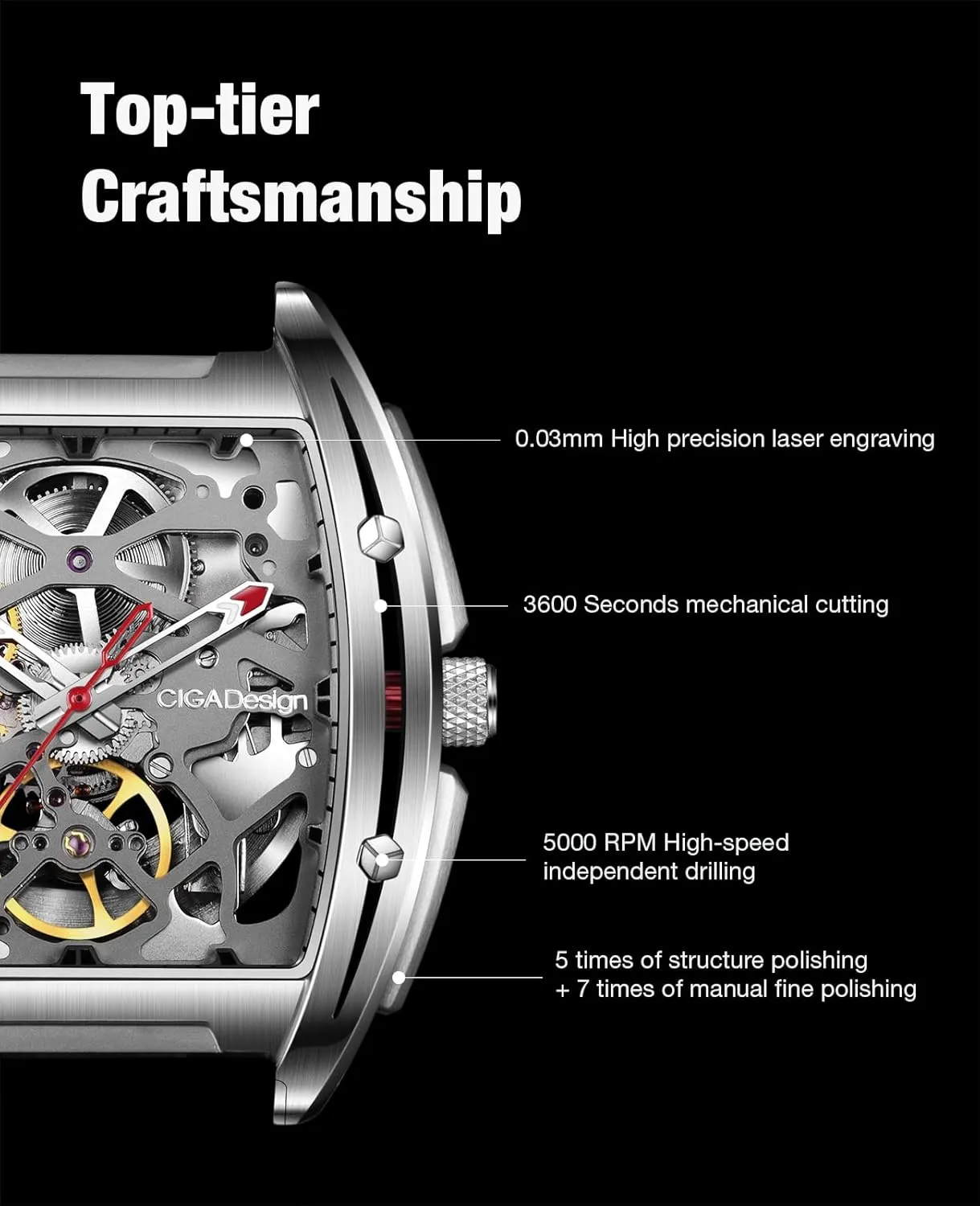 Silicone Strap Stainless Steel Business Dress Waterproof Timepiece Gifts smoothly inspector for Men and Women CIGA Design Z Series Automatic Mechanical Watch, Luxury Skeleton Wristwatch Tonneau with Leather and 