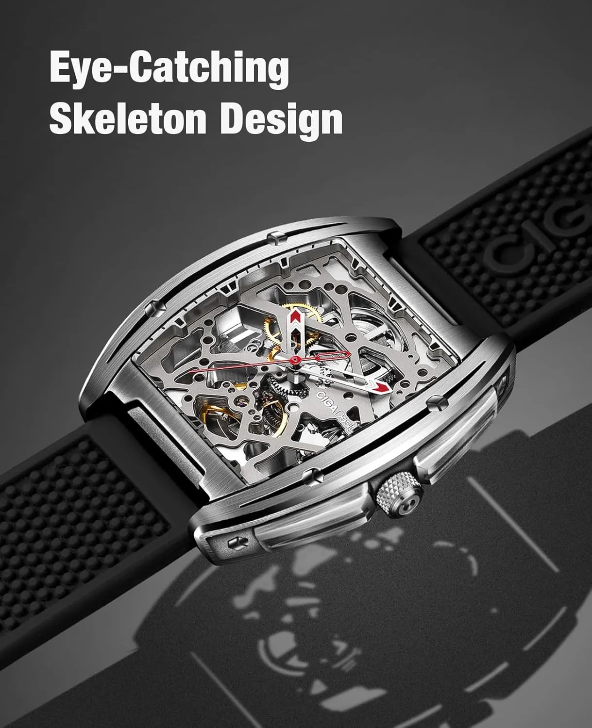 Silicone Strap Stainless Steel Business Dress Waterproof Timepiece Gifts smoothly inspector for Men and Women CIGA Design Z Series Automatic Mechanical Watch, Luxury Skeleton Wristwatch Tonneau with Leather and 