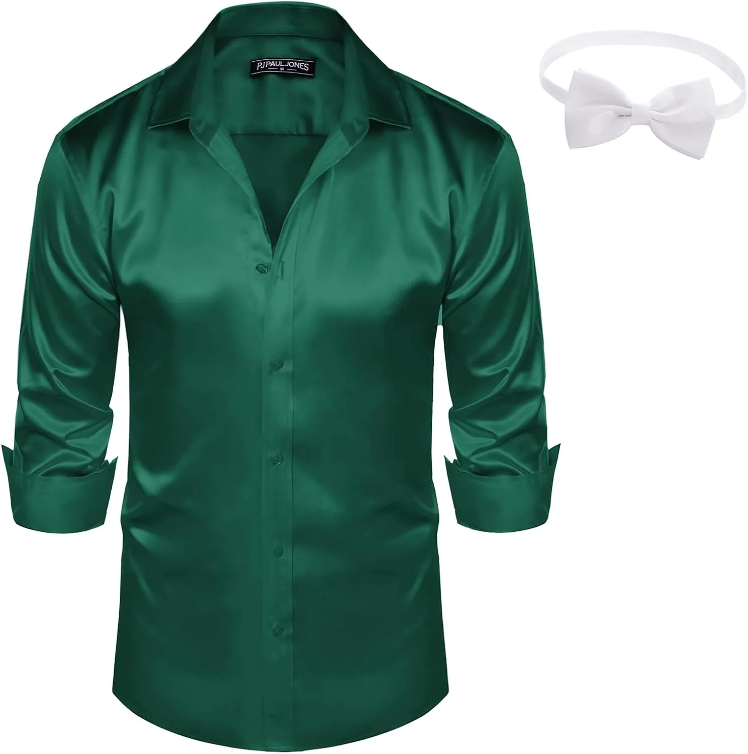 Silk Shirt with Bow Tie PJ PAUL JONES Men's Shiny Satin Dress Shirts Long Sleeve Button multiply desperate Down 