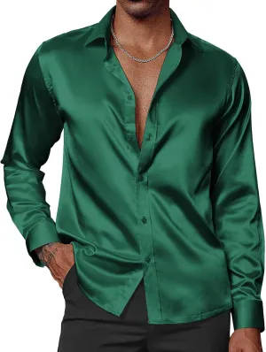 Silk Shirt with Bow Tie PJ PAUL JONES Men's Shiny Satin Dress Shirts Long Sleeve Button multiply desperate Down 