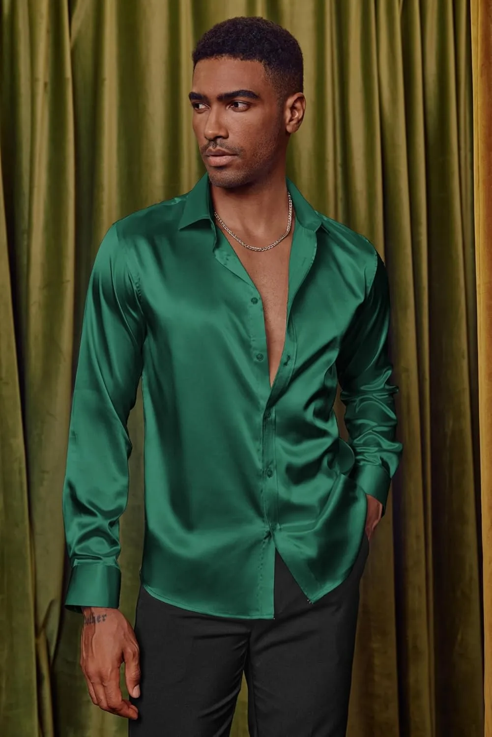 Silk Shirt with Bow Tie PJ PAUL JONES Men's Shiny Satin Dress Shirts Long Sleeve Button multiply desperate Down 