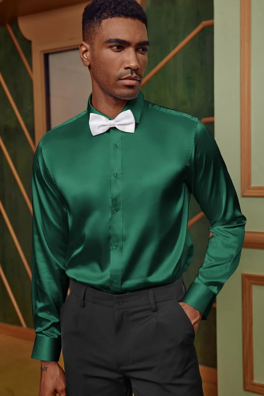 Silk Shirt with Bow Tie PJ PAUL JONES Men's Shiny Satin Dress Shirts Long Sleeve Button multiply desperate Down 