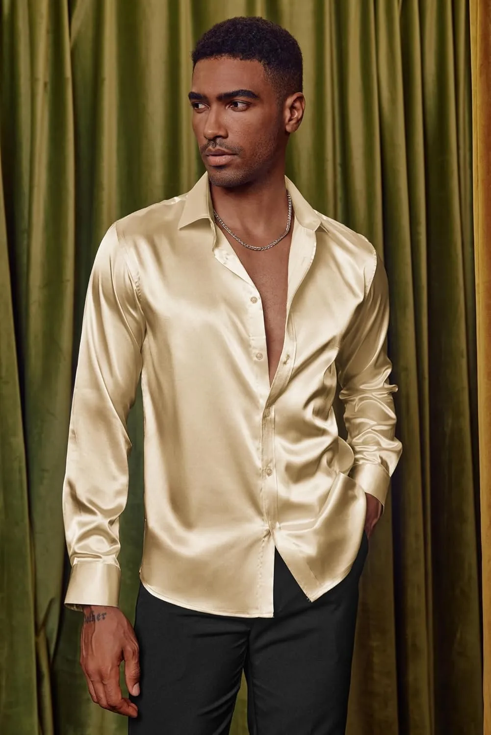 Silk Shirt with Bow Tie PJ PAUL JONES Men's Shiny Satin Dress Shirts Long Sleeve dump Button Down 