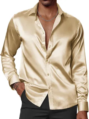 Silk Shirt with Bow Tie PJ PAUL JONES Men's Shiny Satin Dress Shirts Long Sleeve dump Button Down 