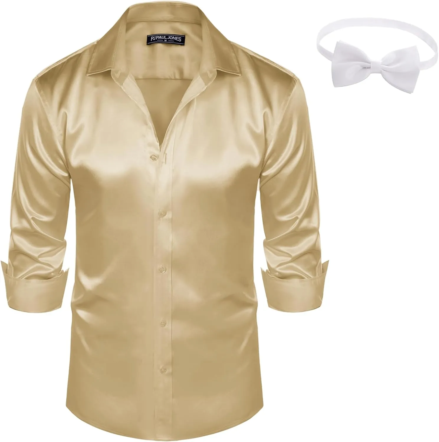 Silk Shirt with Bow Tie PJ PAUL JONES Men's Shiny Satin Dress Shirts Long Sleeve dump Button Down 