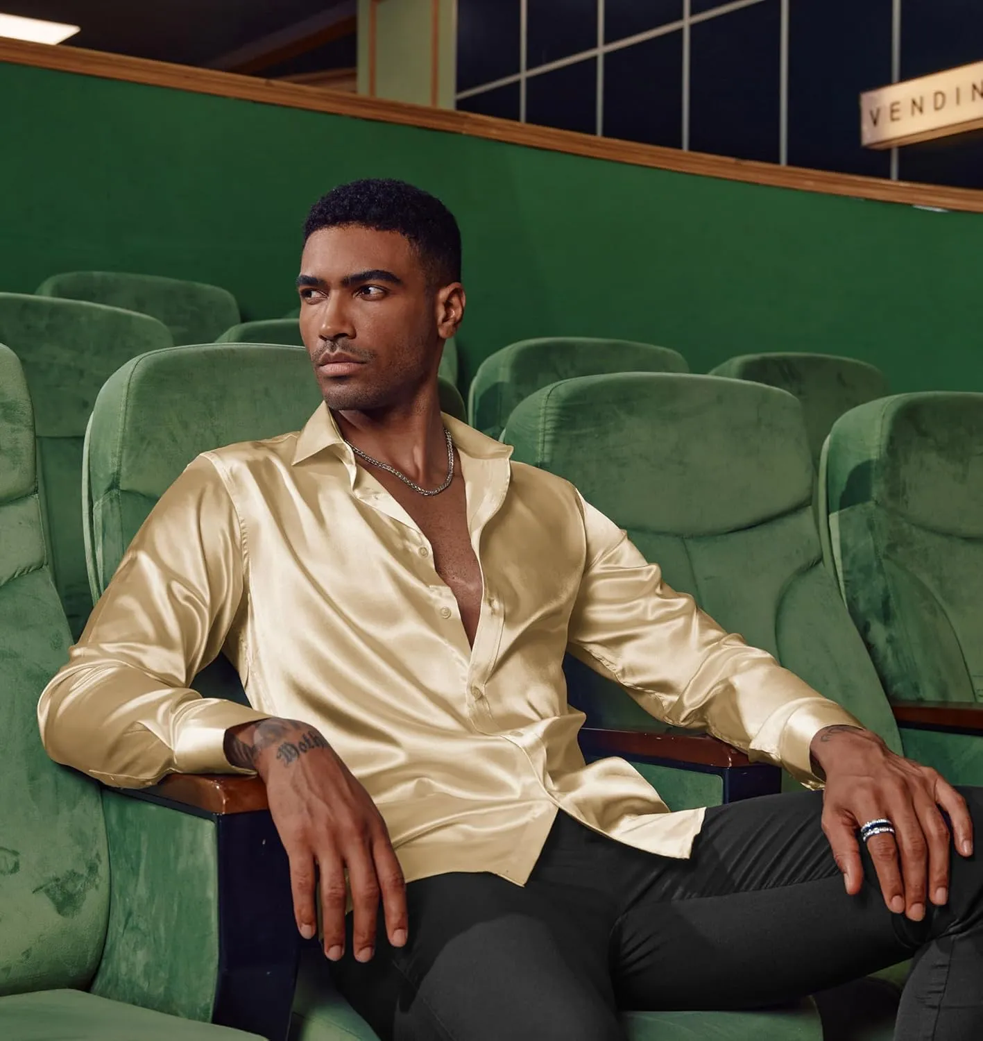 Silk Shirt with Bow Tie PJ PAUL JONES Men's Shiny Satin Dress Shirts Long Sleeve dump Button Down 