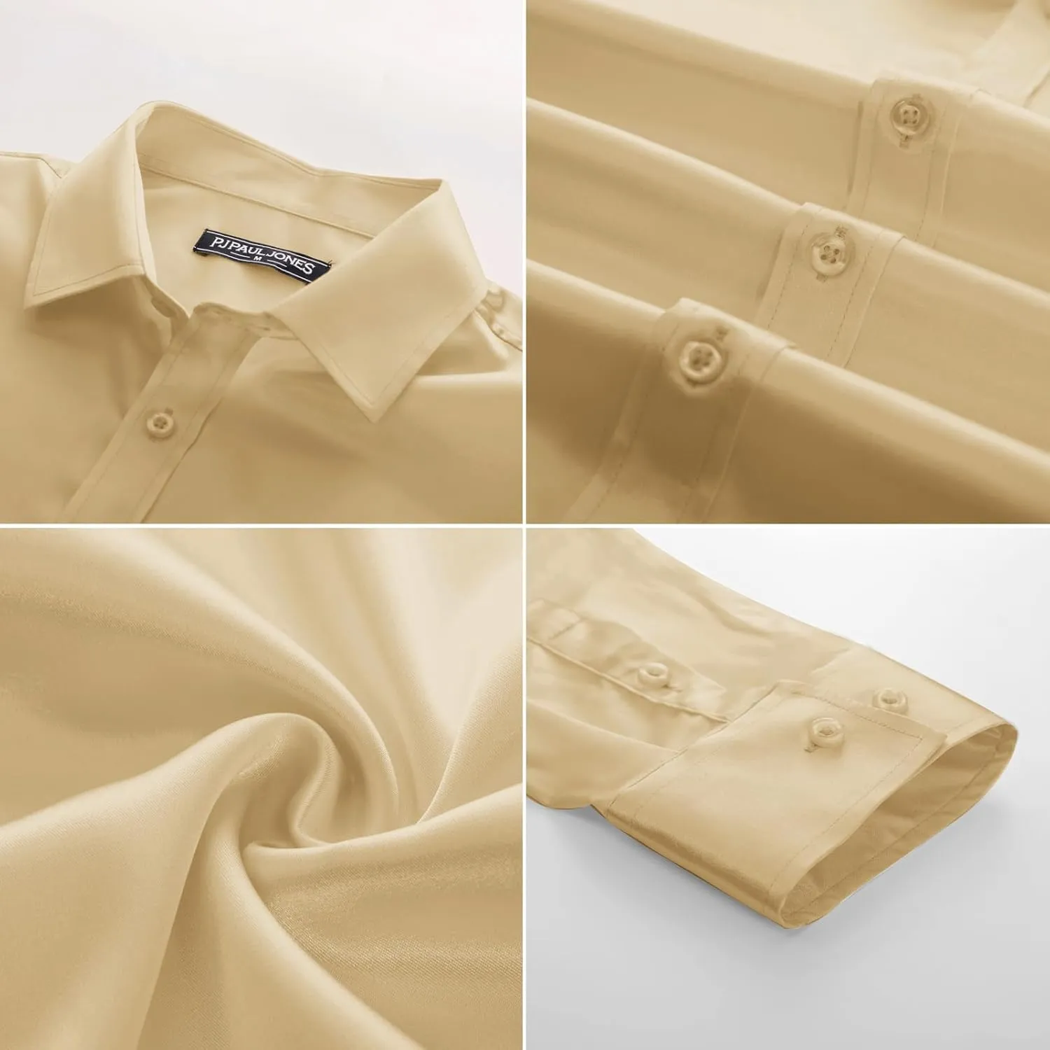 Silk Shirt with Bow Tie PJ PAUL JONES Men's Shiny Satin Dress Shirts Long Sleeve dump Button Down 