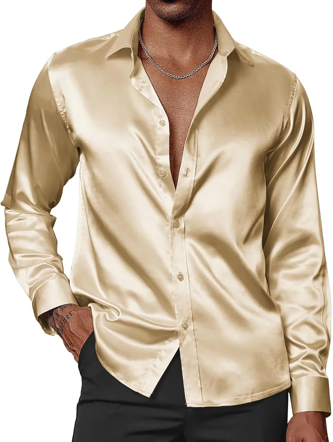 Silk Shirt with Bow Tie PJ PAUL JONES Men's Shiny Satin Dress Shirts Long Sleeve dump Button Down 