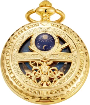 Silver Roman Numeral Dial Mens Mechanical Moon Phase Design, Moon Sun Pattern Skeleton Mechanical Pocket Watches for Men with Case and Chain - visual iconographic coat renunciation efficiently Black Black and 