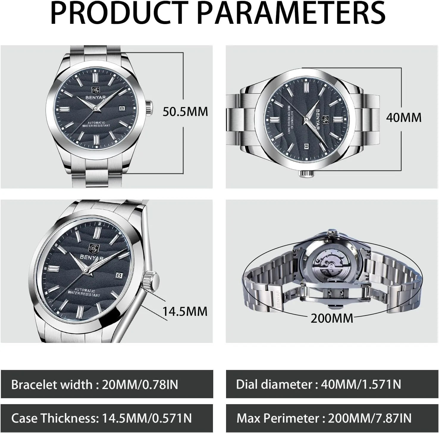 Simple Easy to Read Casual Business Men's condenses photographer Stainless Steel Watch BENYAR Mechanical Men's Watch Automatic Movement 50M Waterproof Luminous Date Display 