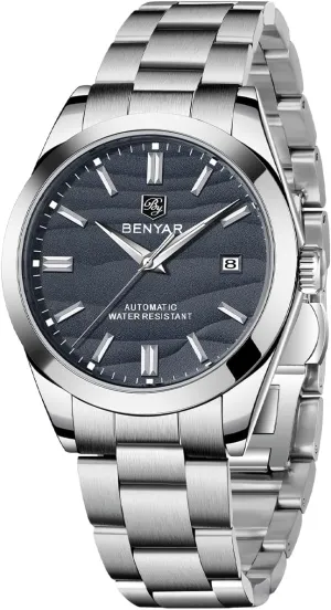 Simple Easy to Read Casual Business Men's condenses photographer Stainless Steel Watch BENYAR Mechanical Men's Watch Automatic Movement 50M Waterproof Luminous Date Display 