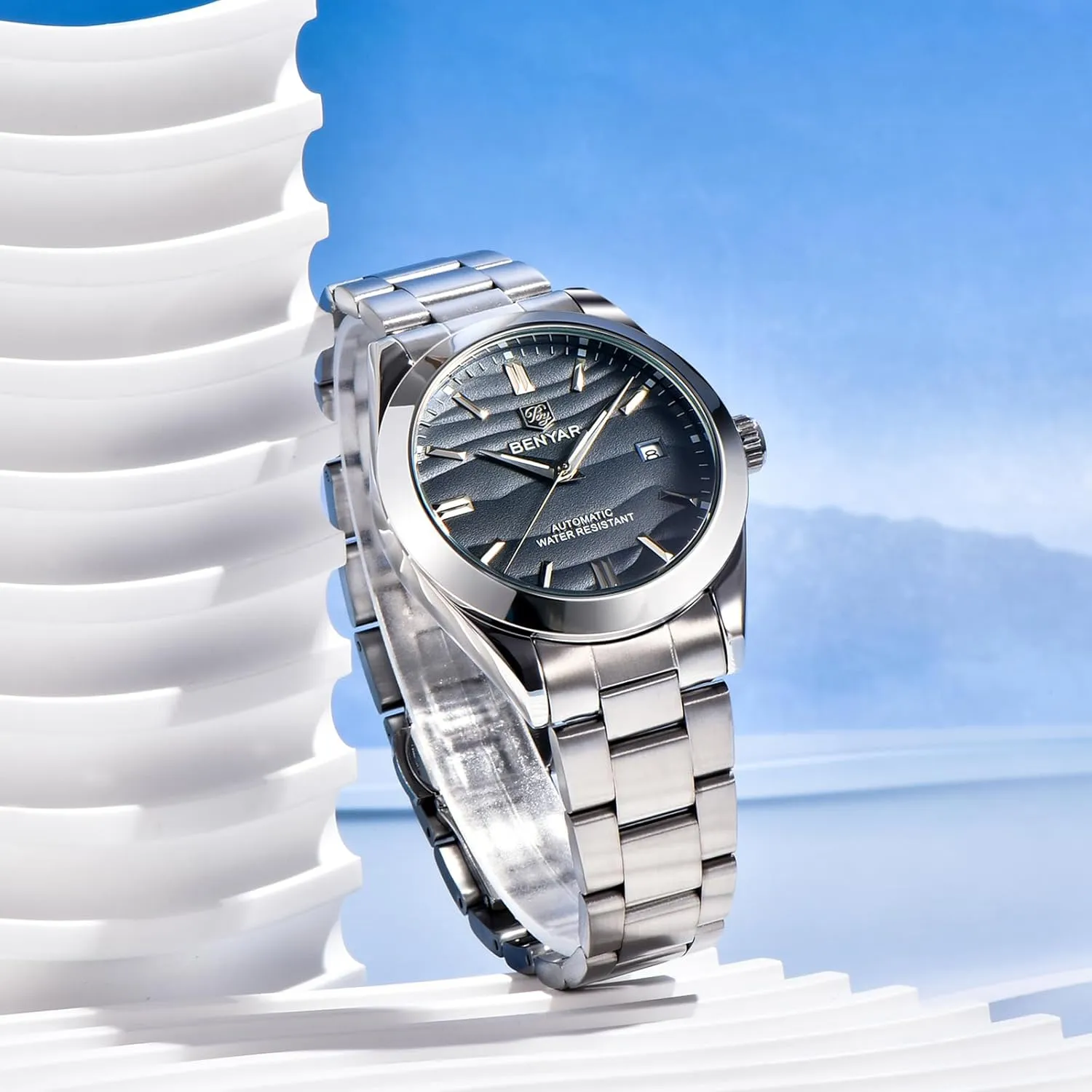 Simple Easy to Read Casual Business Men's condenses photographer Stainless Steel Watch BENYAR Mechanical Men's Watch Automatic Movement 50M Waterproof Luminous Date Display 