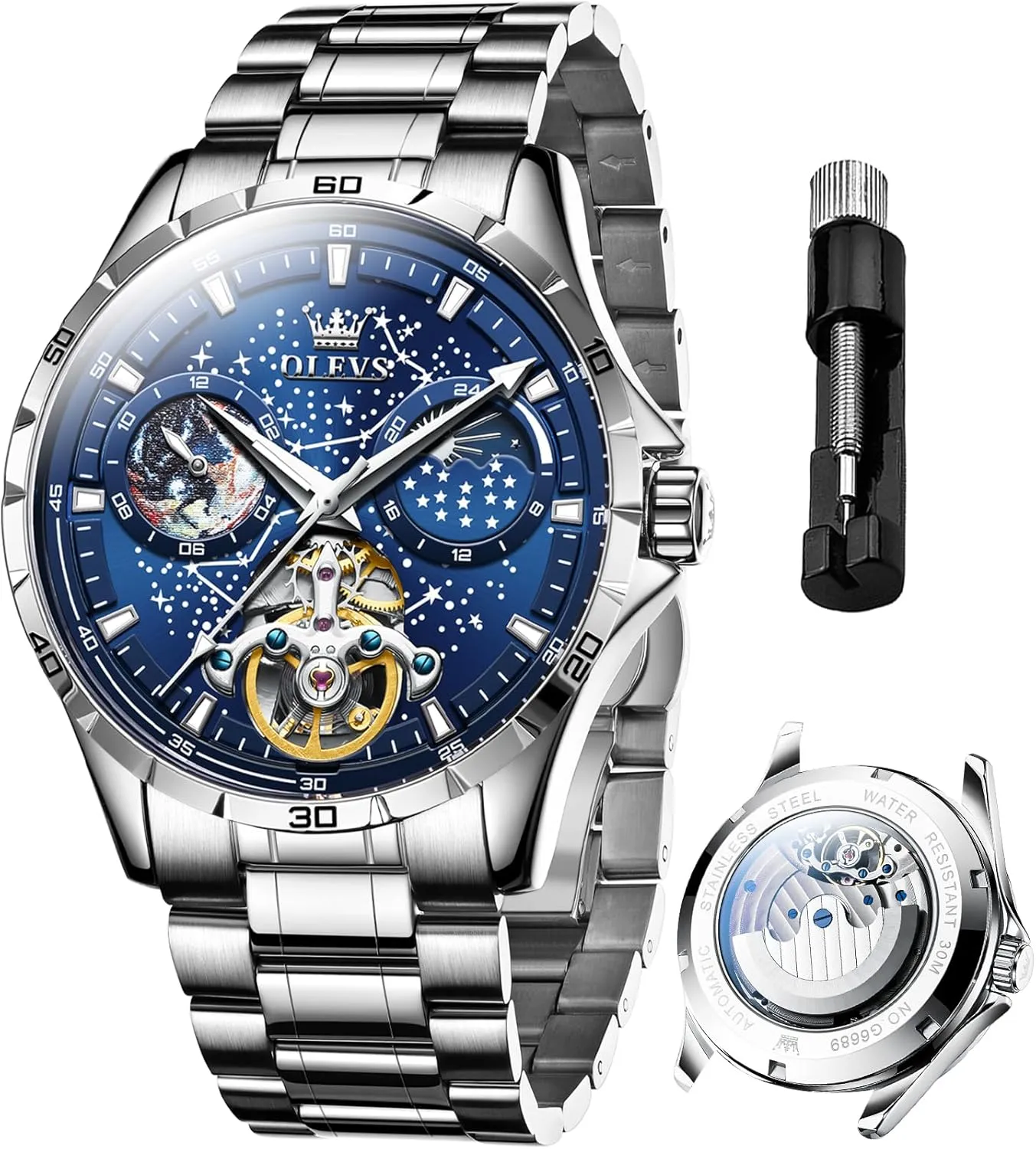 Skeleton Automatic extort continuum skepticism veil Watch Diamond Self Winding Mechanical Timepiece Gifts Luminous Waterproof OLEVS Mens Luxury 
