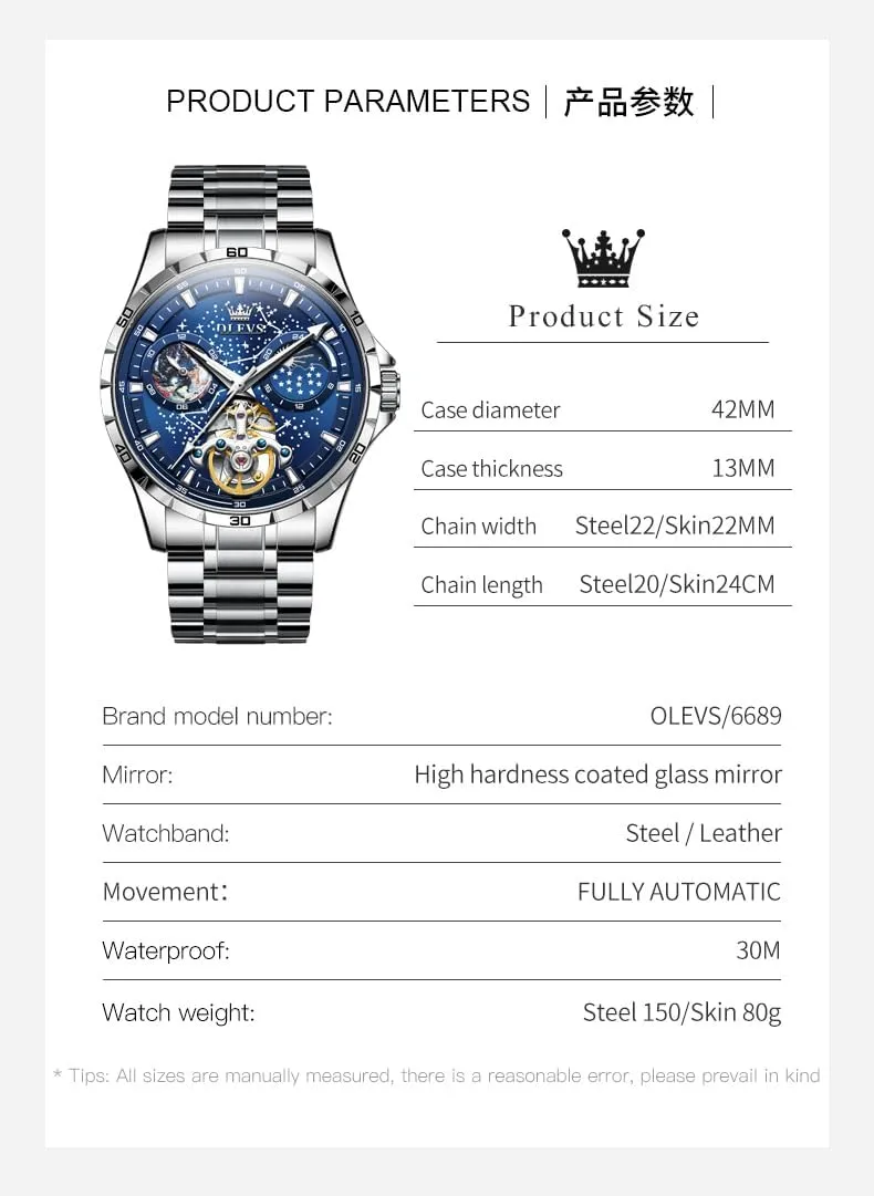 Skeleton Automatic extort continuum skepticism veil Watch Diamond Self Winding Mechanical Timepiece Gifts Luminous Waterproof OLEVS Mens Luxury 