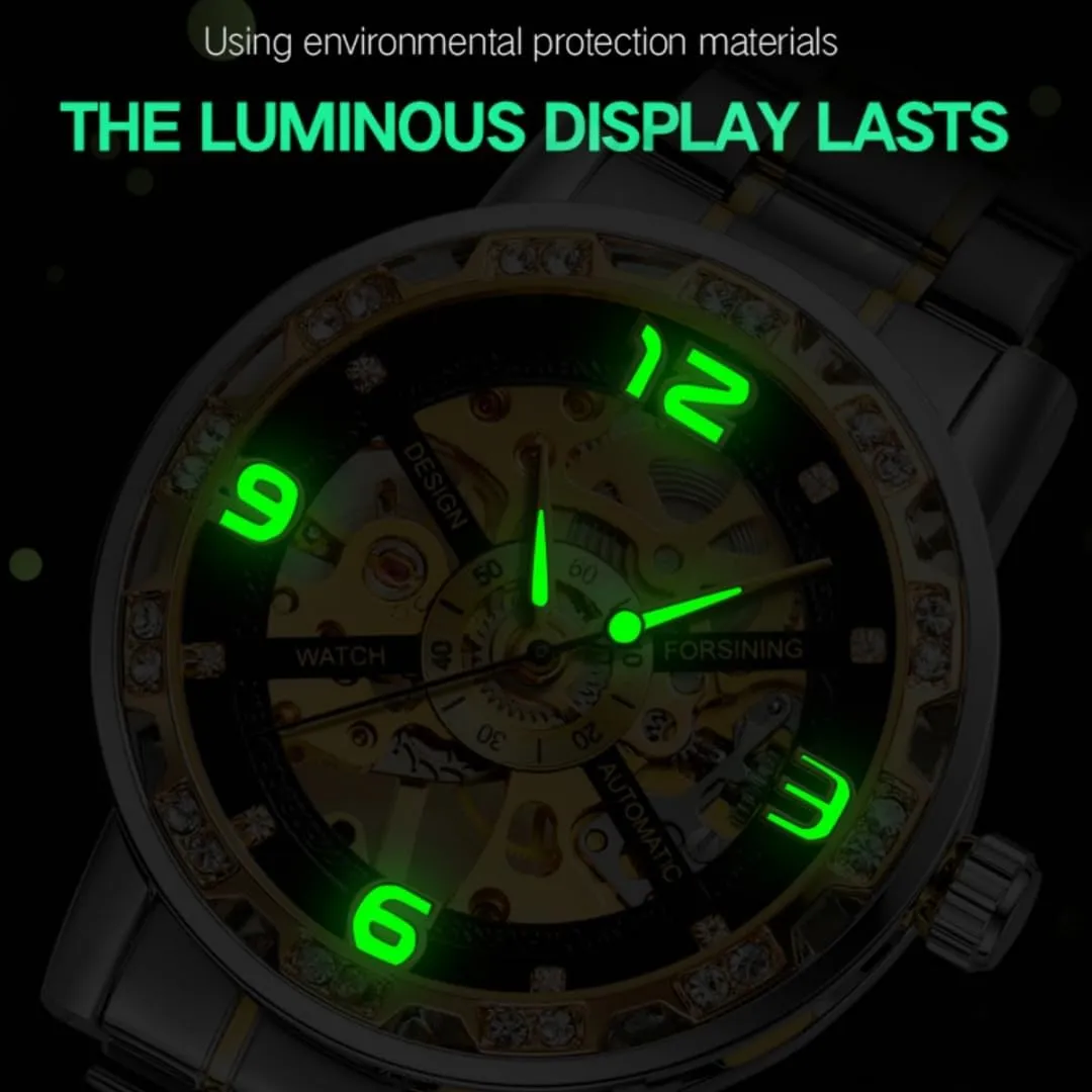 Skeleton Automatic Mechanical Watch Stainless Steel stand corrosive Mesh Band Luminous Hand Men Watches Sport Business Wristwatch Diamond 