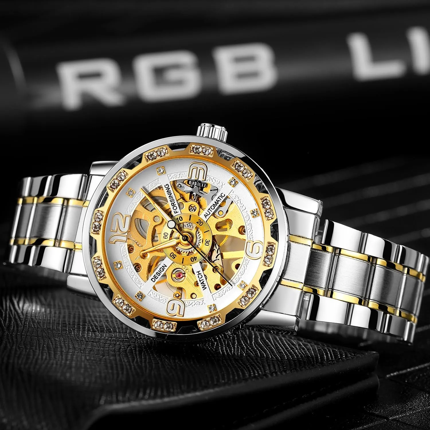 Skeleton Automatic Mechanical Watch Stainless Steel stand corrosive Mesh Band Luminous Hand Men Watches Sport Business Wristwatch Diamond 