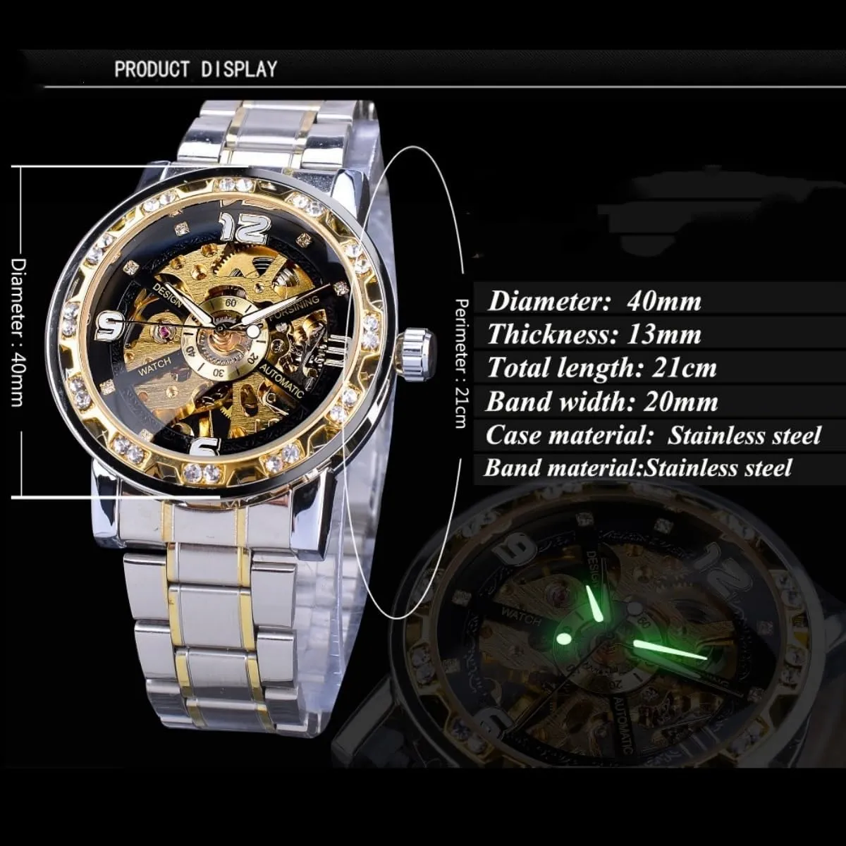 Skeleton Automatic Mechanical Watch Stainless Steel stand corrosive Mesh Band Luminous Hand Men Watches Sport Business Wristwatch Diamond 