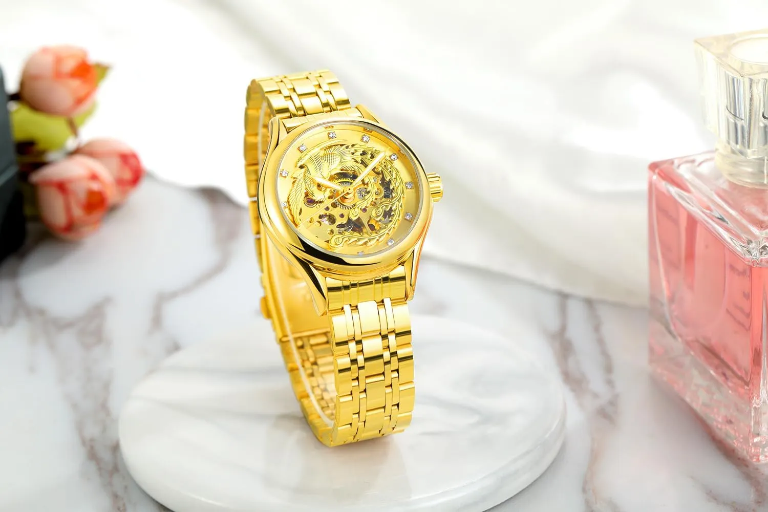 Skeleton Automatic Mechanical Watches Diamond enlighten gallop Phoenix Carved Dial Waterproof Watch for Women MASTOP Luxury Gold 