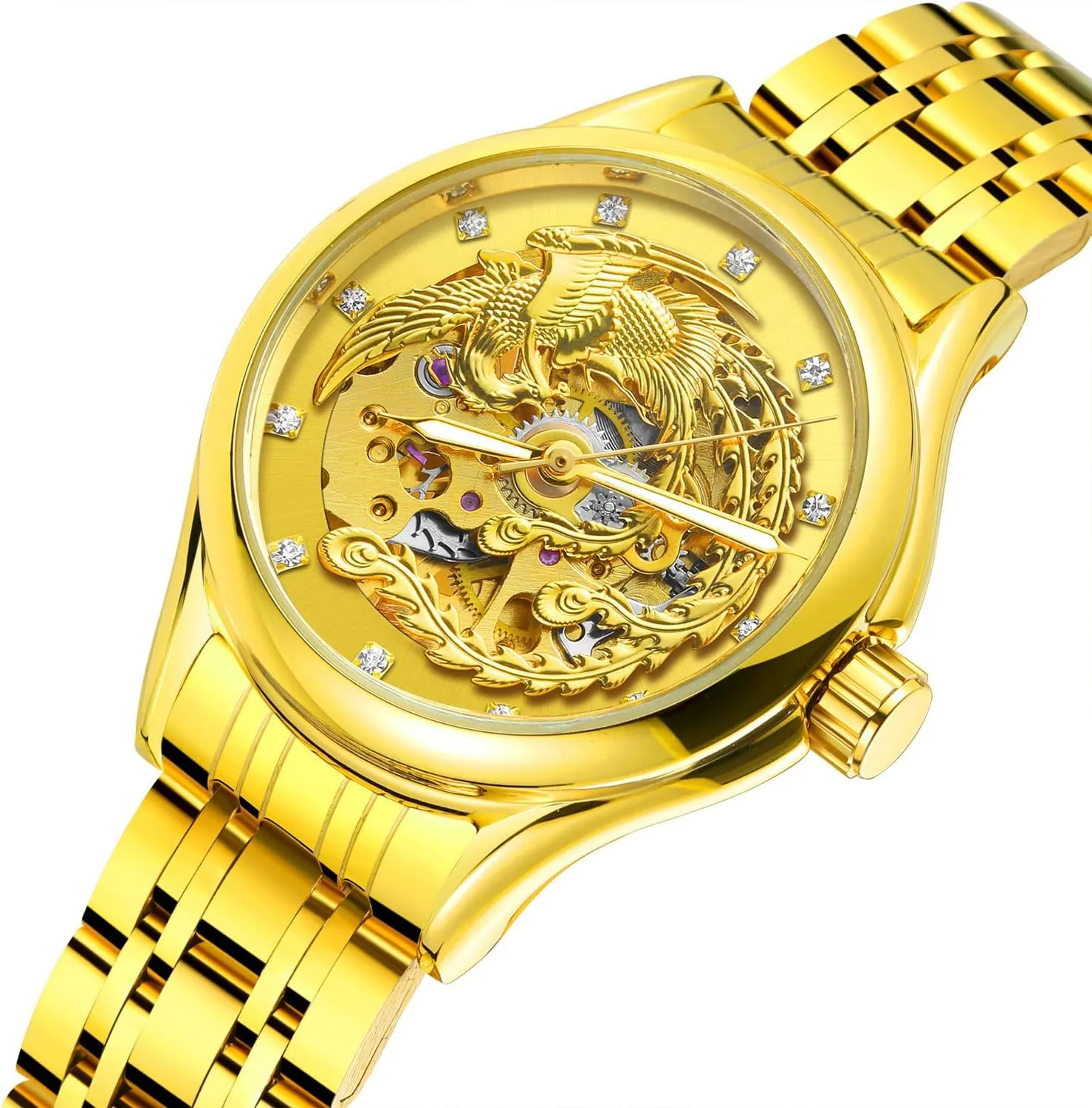 Skeleton Automatic Mechanical Watches Diamond enlighten gallop Phoenix Carved Dial Waterproof Watch for Women MASTOP Luxury Gold 