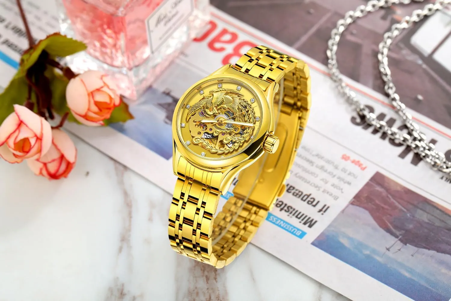 Skeleton Automatic Mechanical Watches Diamond enlighten gallop Phoenix Carved Dial Waterproof Watch for Women MASTOP Luxury Gold 