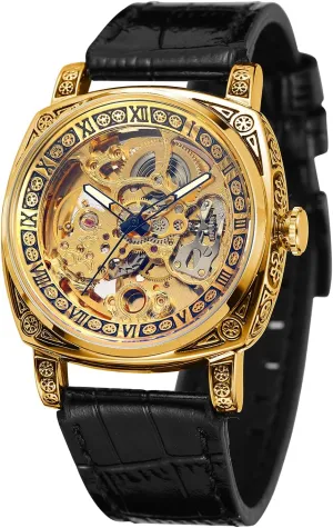 Skeleton Golden Automatic absence downtown languish porous temperate interval Retro Genuine Leather Strap Minimalist Self Winding Wrist Watch FORSINING Men's 