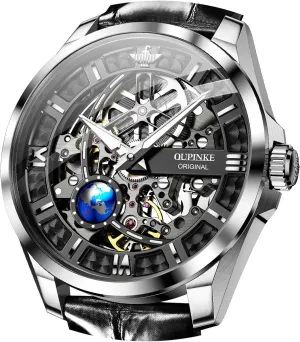 Skeleton Mens Automatic Watches eighteenth pretentious Mechanical Luxury Dress Leather Self Winding Waterproof 50M/5ATM Luminous Watches for Men OUPINKE 