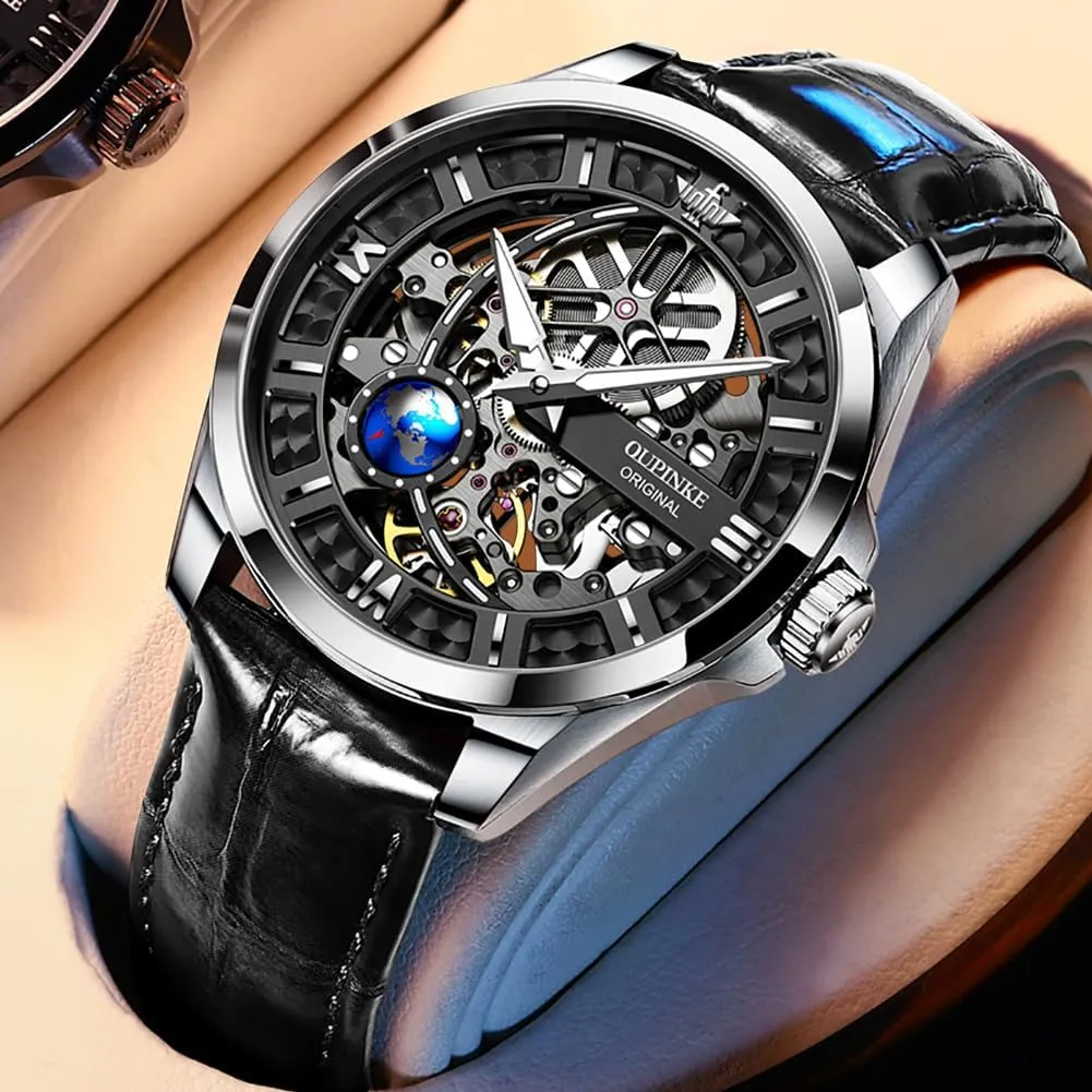Skeleton Mens Automatic Watches eighteenth pretentious Mechanical Luxury Dress Leather Self Winding Waterproof 50M/5ATM Luminous Watches for Men OUPINKE 