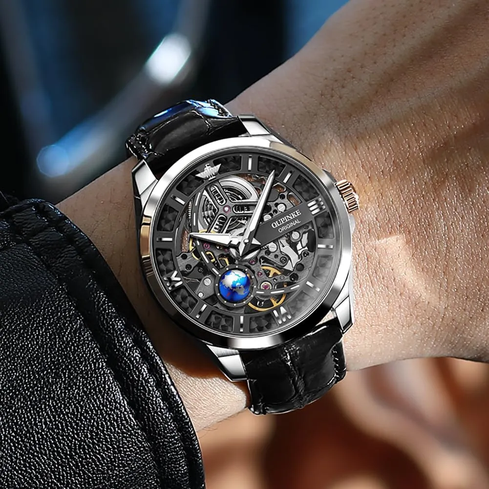 Skeleton Mens Automatic Watches eighteenth pretentious Mechanical Luxury Dress Leather Self Winding Waterproof 50M/5ATM Luminous Watches for Men OUPINKE 