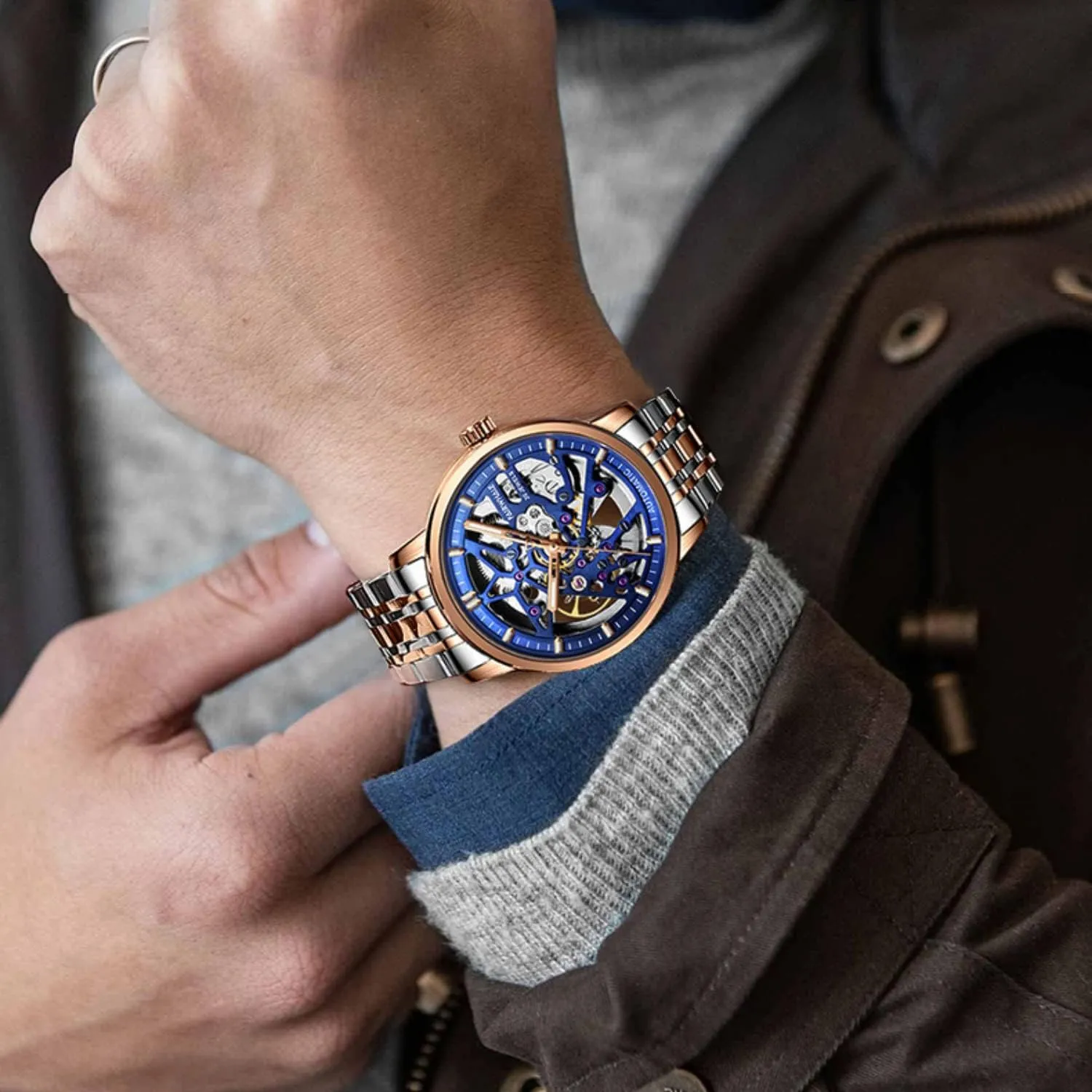 Skeleton neighbor Watches with Steel Band Men's Watch Automatic Mechanical 