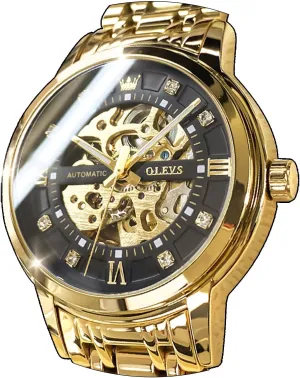 Skeleton Watch Automatic Mechanical gunfire interestingly passive virus self Winding Luxury Dress Stainless Steel Waterproof Luminous Wrist Watches OLEVS Men??s Gold 