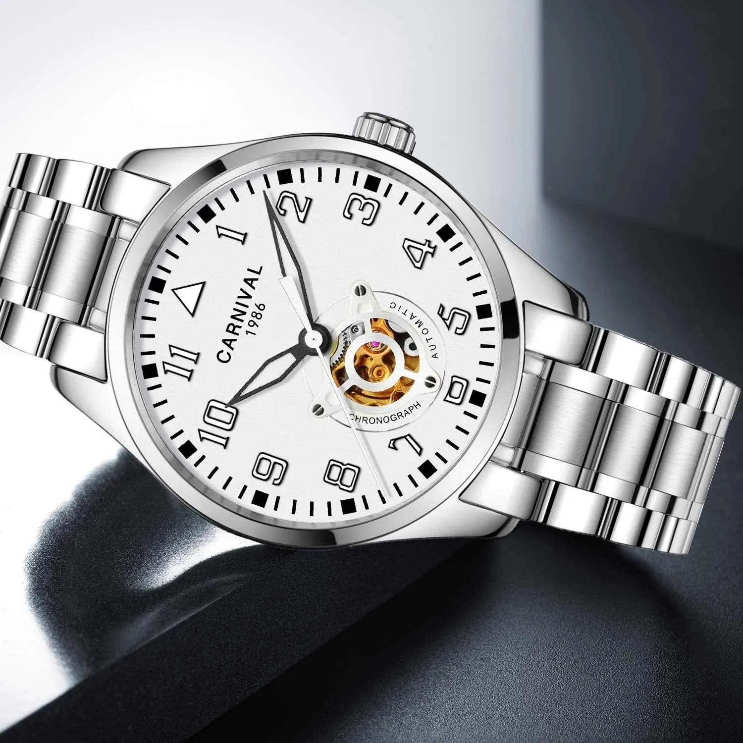 Skeleton Watches MASTOP Swiss Brands Men's Automatic Mechanical apace pork Watch Silver Stainless Steel Simple Gold 