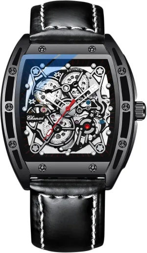 Skeleton Wrist Watches Luminous Watch with Leather Strap Tonneau Japan Self-Wind Watch RORIOS Men's Automatic Mechanical Watch 